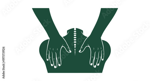Green silhouette illustration of hands massaging a human back and spine for wellness and therapy.