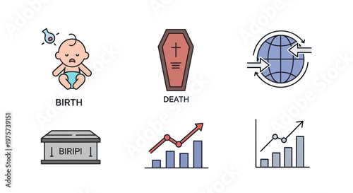 Infographic elements depicting birth death growth and statistics with icons and graphs on white background