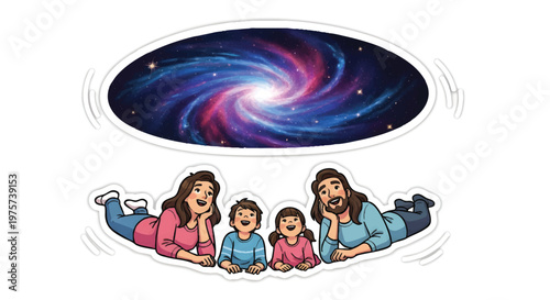 Family lying down looking at galaxy and stars together