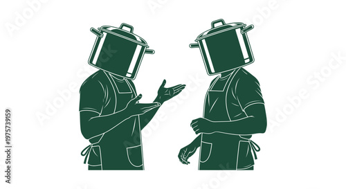 Abstract surreal conceptual illustration of two men wearing aprons with cooking pots for heads