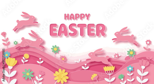 A colorful papercraft scene celebrates the joy of a happy easter holiday