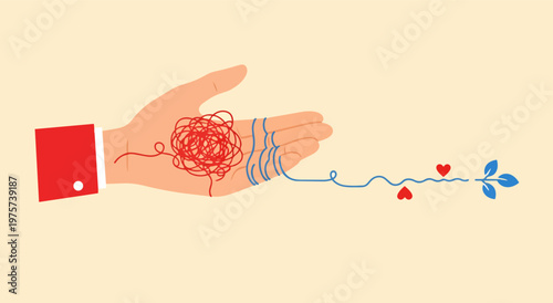 Mental Health Therapy Concept, Hand Unraveling Tangled Red Thread into Straight Blue Line with Hearts and Leaves, Psychology and Counseling Vector Illustration for Recovery and Growth