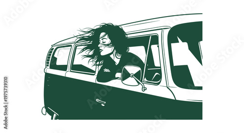 Woman leaning out of a vintage van window with wind in her hair minimalist green vector art style