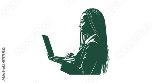 Stylized portrait of a Black woman with long braids using a laptop computer graphic design element