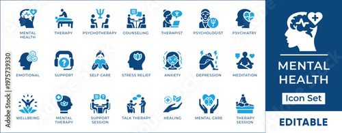 

Mental health and psychology vector icon set. Therapy, counseling, psychiatry, stress relief, anxiety, depression and well being symbols.