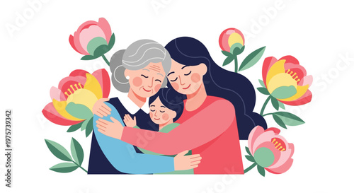 Three generations of women embracing warmly surrounded by colorful flowers
