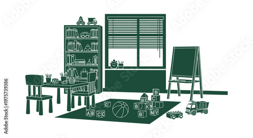 Green Illustration of a Kids Playroom with Bookshelf Table Chairs Easel and Toys for Education.