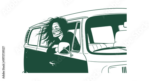 Minimalist Line Art Illustration of a Young Woman with Wind Swept Hair Leaning Out a Vintage Van
