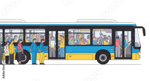 People boarding a blue and yellow city bus with passengers inside