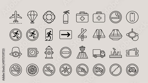 A collection of universal symbols conveying safety, restrictions, and navigation in various environments.