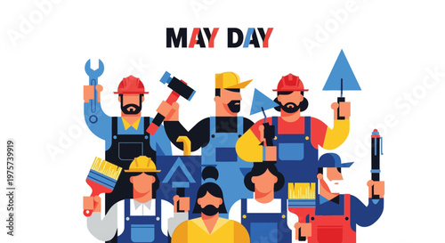 May day celebration featuring diverse construction workers with tools