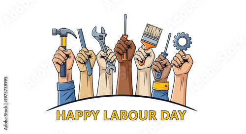 Diverse hands holding various tools celebrate labour day with unity