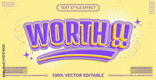 Editable text effect vector “Worth” features bold playful 3D lettering with vibrant purple and yellow tones, creating a fun, energetic, and eye-catching retro-pop style.