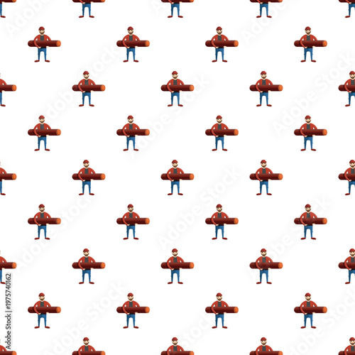 Seamless pattern featuring a logger worker carrying a wood log