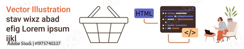 E-commerce, coding, web design, digital marketing, remote work, creative workspace. Shopping basket, coding interface person with laptop. E-commerce and coding concepts illustrated creatively