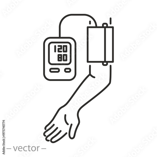 Blood pressure icon, hand with medical heart rate monitor,  thin line symbol on white background - editable stroke vector illustration