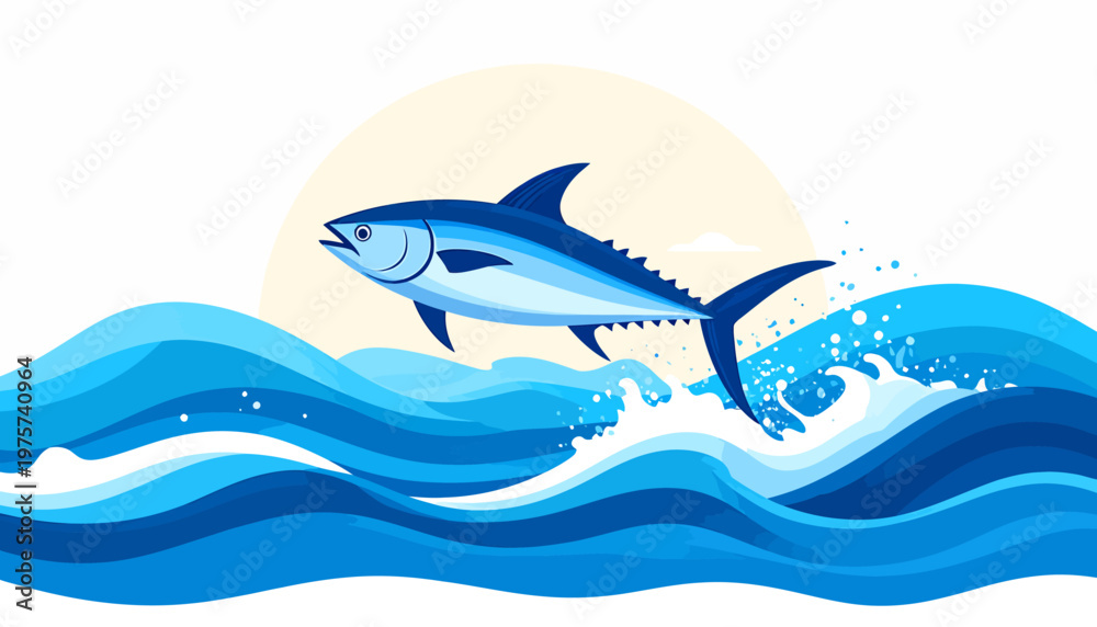 Obraz premium Tuna fish leaping majestically out of ocean waves under a bright sun illustration