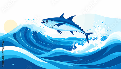 A vibrant illustration of a tuna fish leaping out of a cresting ocean wave under a bright sun