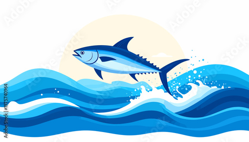 Tuna fish leaping majestically out of ocean waves under a bright sun illustration