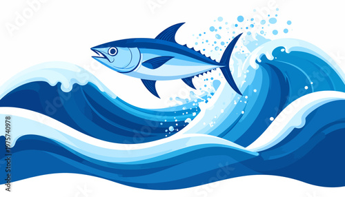 Dynamic illustration of a vibrant blue tuna fish leaping majestically from powerful ocean waves, showcasing marine life and the energy of the sea