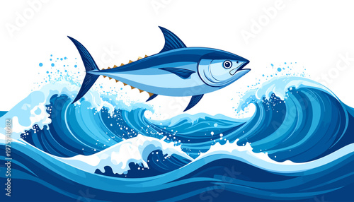 Vibrant illustration of a tuna leaping out of crashing ocean waves, capturing the dynamic energy of marine life and aquatic environments