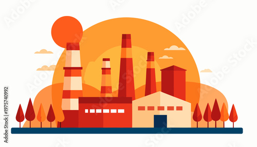 Industrial factory scene featuring prominent smokestacks and buildings set against a radiant orange sunset, representing manufacturing and energy production