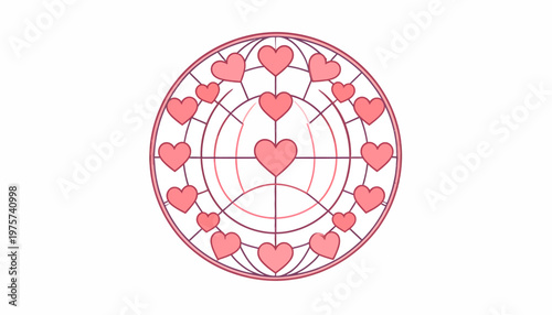Interconnected network of pink hearts forming a circular globe with concentric circles in the center symbolizing love and global connection