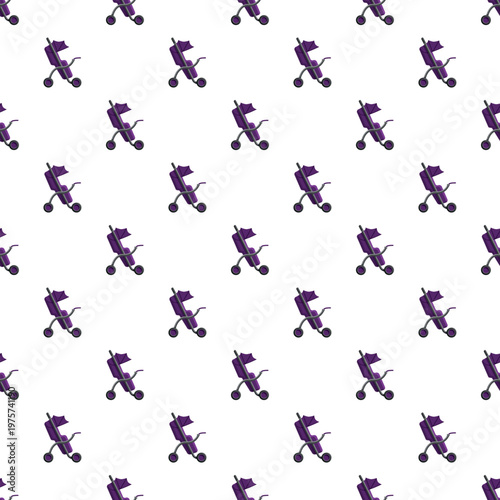 Purple baby strollers repeating on a flat white background creating a pattern
