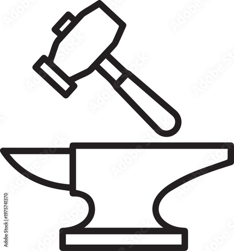 Premium Flat Black & White Vector Icon Set: Body Panel Straightening Hammer with Anvil for Auto Repair, Metalworking, Auto Body Shops, Vehicle Restoration, Collision Repair, Metal