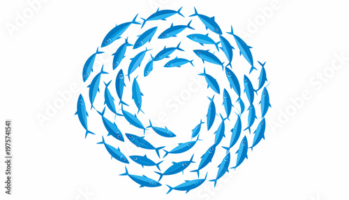 Dynamic school of vibrant blue fish creating a mesmerizing swirling vortex, symbolizing unity, collaboration, and synchronized movement in a powerful collective