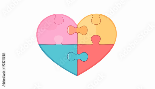 Vibrant heart assembled from four distinct puzzle pieces, representing unity, connection, love, and the strength found in coming together to form a complete and harmonious bond