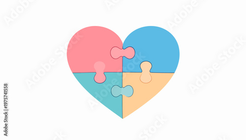 A beautifully crafted heart formed by four interlocking puzzle pieces in soft pastel colors, symbolizing unity, connection, love, compassion, and shared understanding in relationships