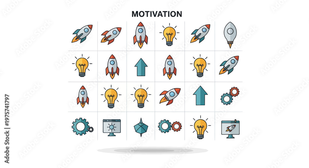 Fototapeta premium Business motivation icons: rockets, lightbulbs, gears, and upward arrows.