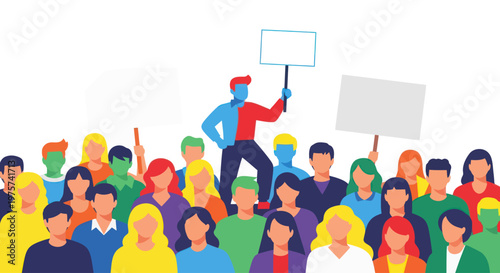 Diverse people protesting with blank signs at a public rally