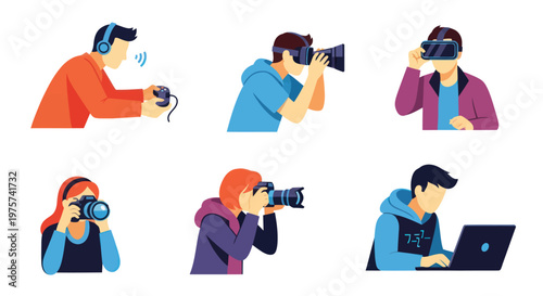 Diverse people engaged in modern digital hobbies and creative activities