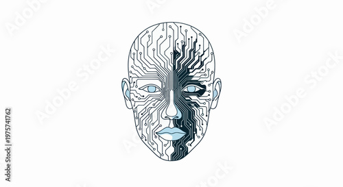 Face with circuit board pattern representing artificial intelligence