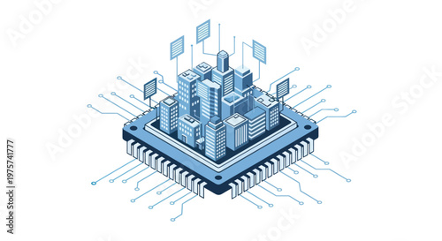 Digital city concept on a computer chip with connections
