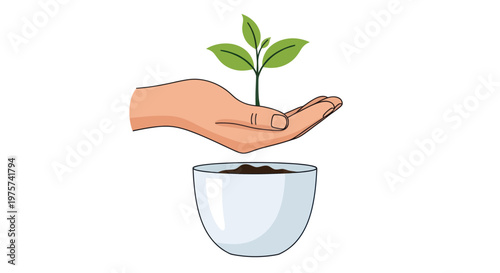 Obraz na plátně Hand holds a growing plant above a pot
