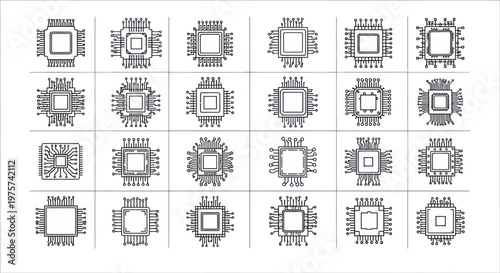 Collection of black and white computer microchip illustrations