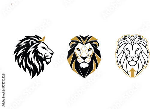 Lion head logos in black, gold, and white color schemes for business branding Isolated on white background