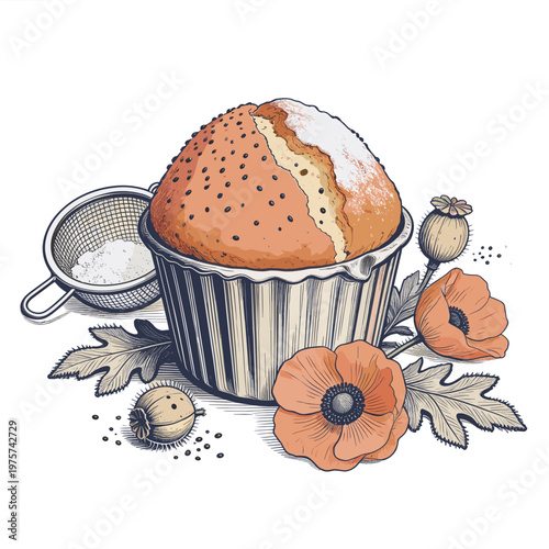 Illustration of a cupcake with poppy seeds and flowers in a vintage style