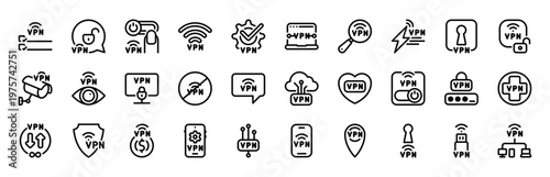 VPN Network Security and Private Internet Connection Vector Icon Set