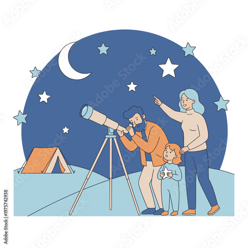 Family stargazing together with a telescope under a night sky