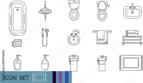 Print Bathroom Interior and Sanitaryware Line Icon Set