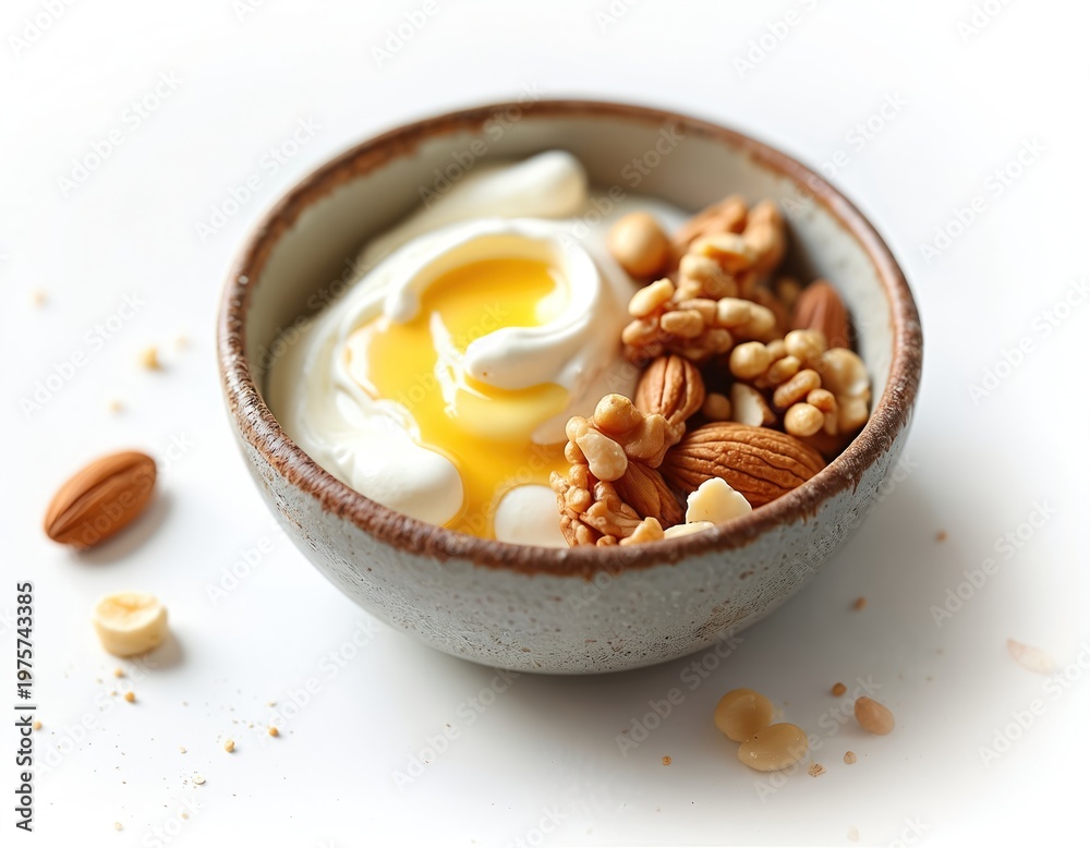 Fototapeta premium White greek yogurt in bowl with honey drizzle and mixed nuts. Creamy dairy snack with walnuts almonds and macadamia. Healthy breakfast food with sweet natural topping.