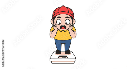 Concerned person on weight scale cartoon illustration