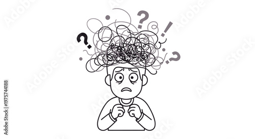 Confused person with thoughts and questions illustration