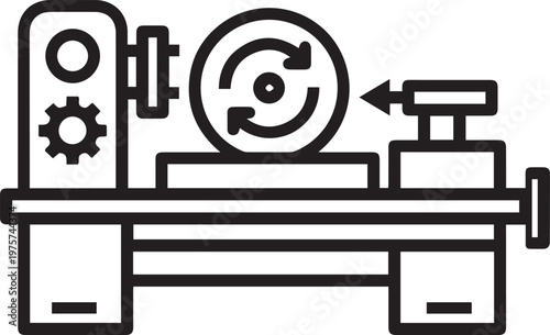 Premium High-Resolution Vector Icon of a Wheel Lathe Machine with Rotating Lathe Bed for CNC Machining, Manufacturing, Industrial Design, Technical Documentation, Engineering Blueprints
