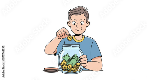 Person depositing money into jar financial concept