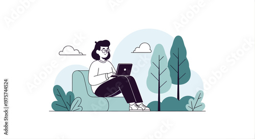 Person using laptop outdoor illustration concept work relaxing technology